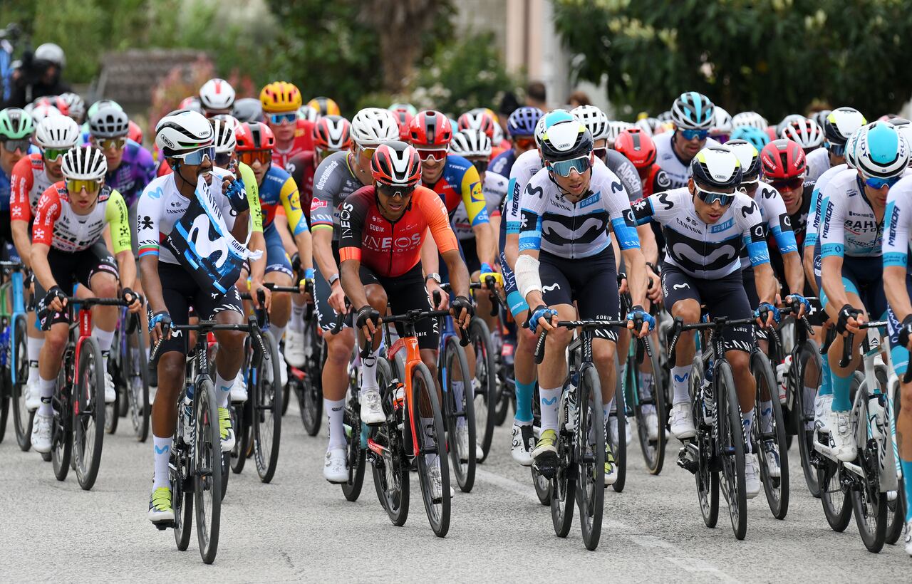 PERGOLA, ITALY- MARCH 14: (L-R) Natnael Tesfazion of Eritrea and Movistar Team, Brandon Smith Rivera Vargas of Colombia and Team INEOS Grenadiers, Davide Formolo of Italy, Einer Rubio of Colombia and Movistar Team compete during the 60th Tirreno-Adriatico 2025, Stage 5 a 205km stage from Ascoli Piceno to Pergola / #UCIWT / on March 14, 2025 in Pergola, Italy. (Photo by Tim de Waele/Getty Images)