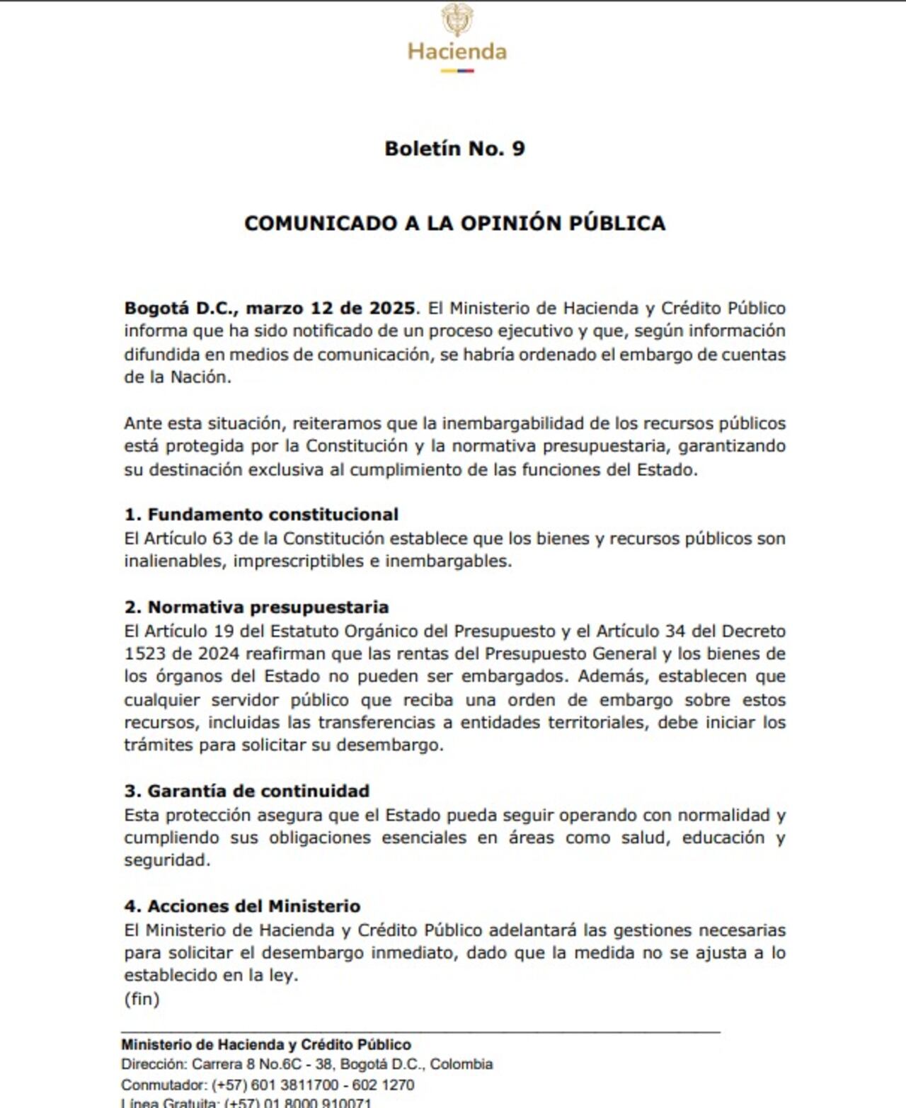 Ministerio de Hacienda rechaza embargo y anuncia acciones legales