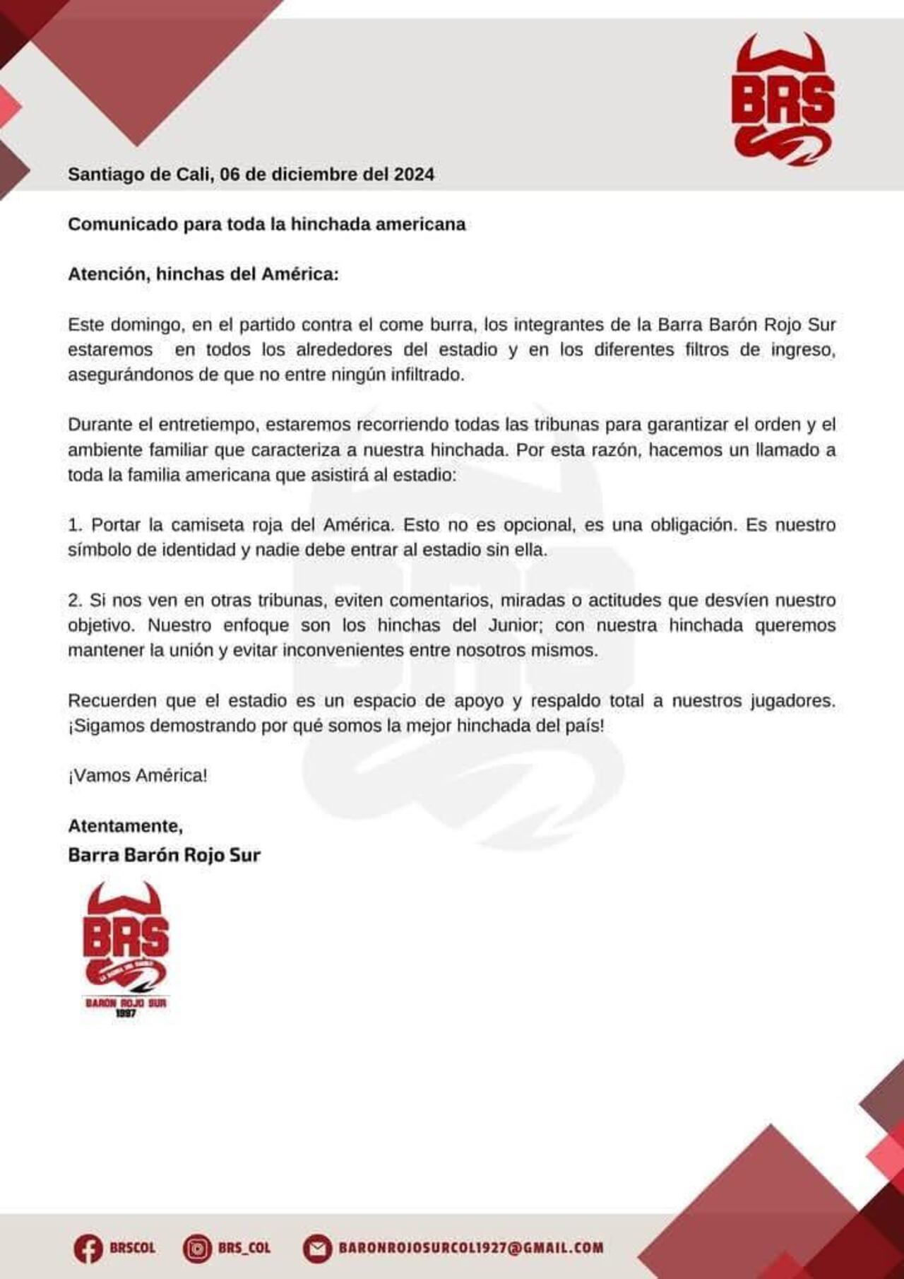 Este fue el comunicado de la barra del América de Cali.