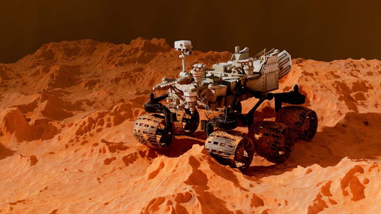 3D rendered Mars rover on a planet surface. Martian concept