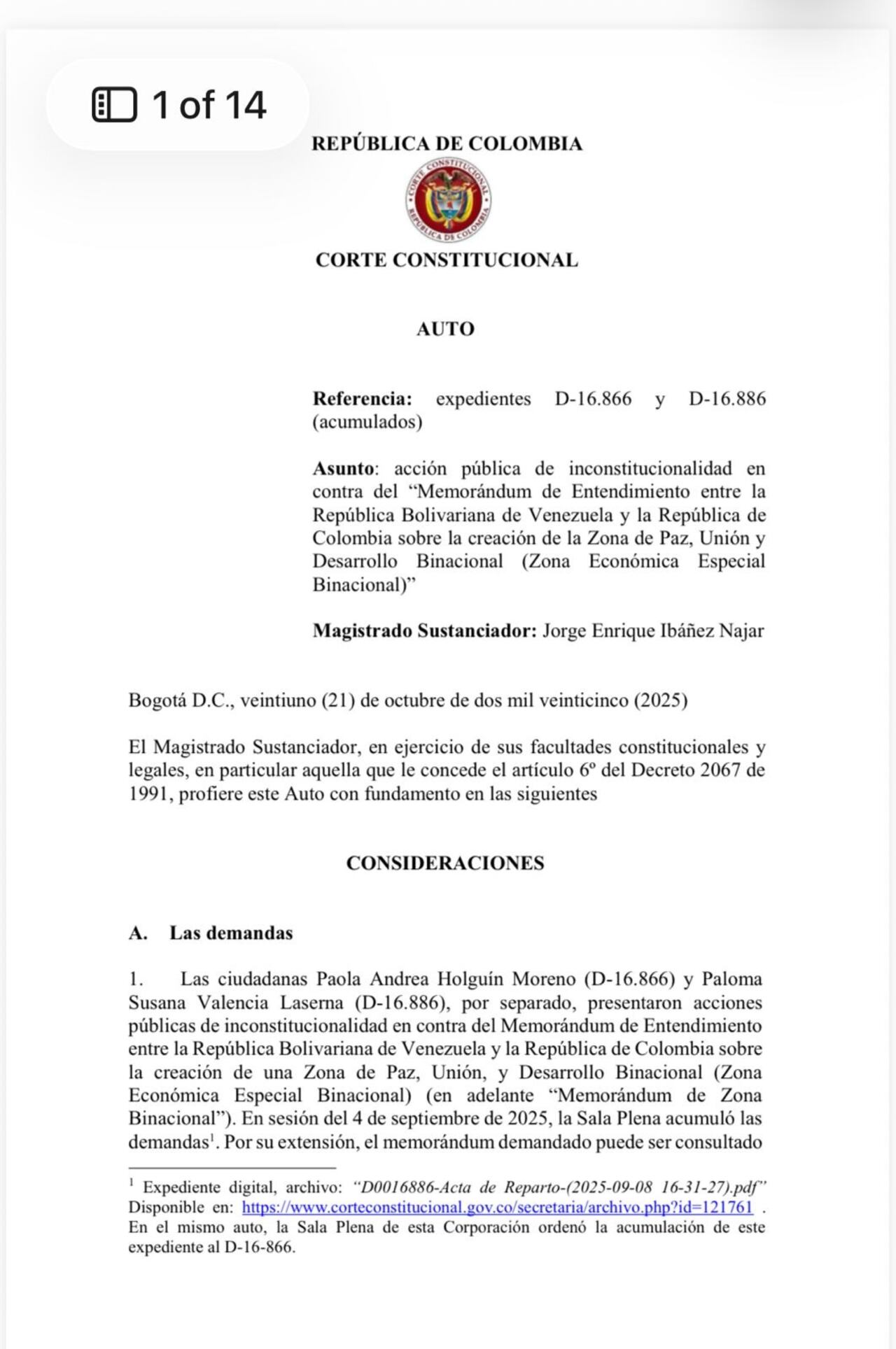 Corte Constitucional estudiará demanda contra memorando binacional entre Colombia y Venezuela.