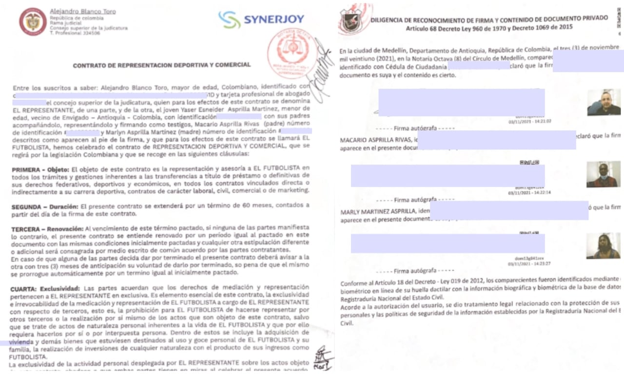 Contrato entre Yaser Asprilla, familia y Alejandro Blanco