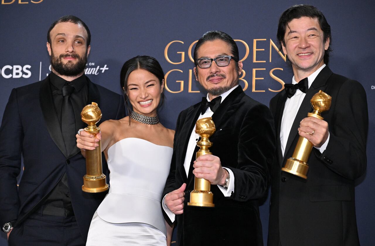 (From R) Japanese actor Tadanobu Asano, Japanese actor Hiroyuki Sanada, Japanese actress Anna Sawai and British actor Cosmo Jarvis pose in the press room with the award for Best Television Series - Drama "Shogun" during the 82nd annual Golden Globe Awards at the Beverly Hilton hotel in Beverly Hills, California, on January 5, 2025. (Photo by Robyn BECK / AFP)