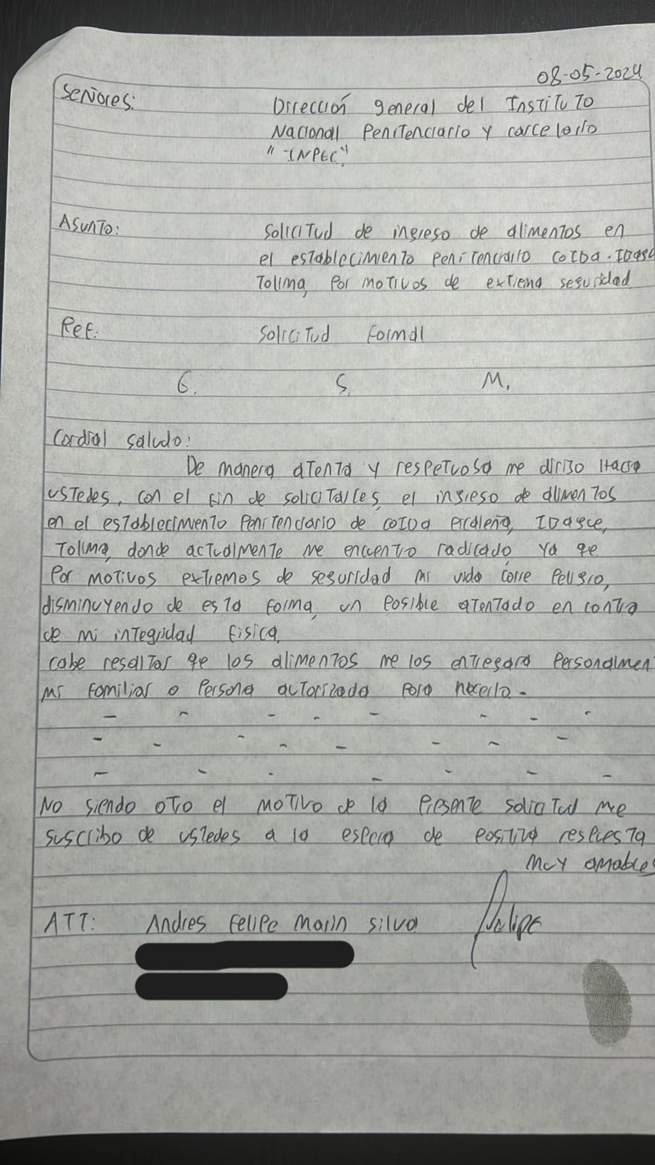 Este es el derecho de petición con el que Pipe Tuluá logró la autorización para el ingreso de alimentos.