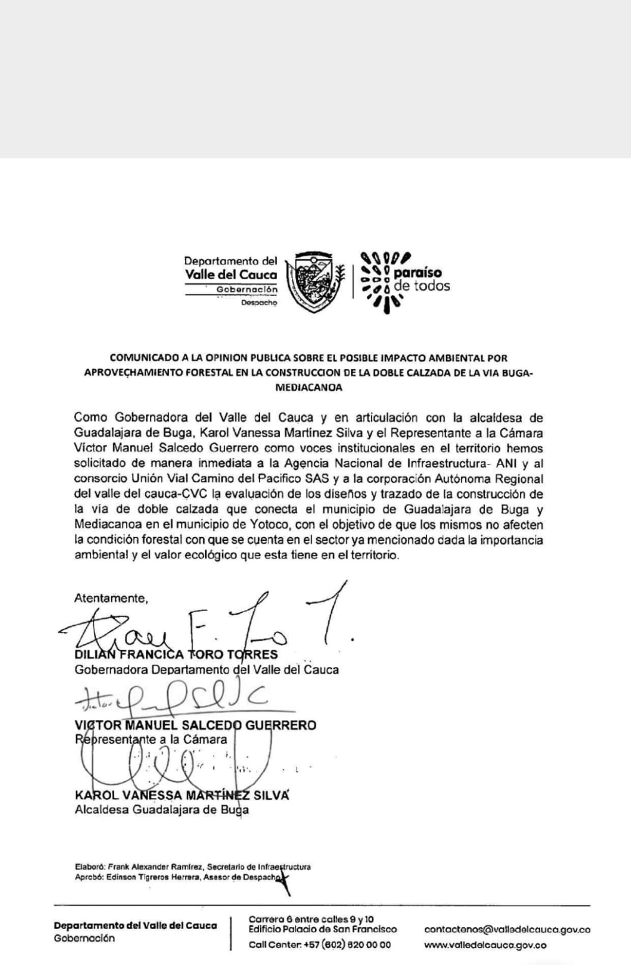 Este el comunicado a la ANI y al consorcio en el que le piden evaluar el trazado y el diseño de la vía Buga Mediacanoa.