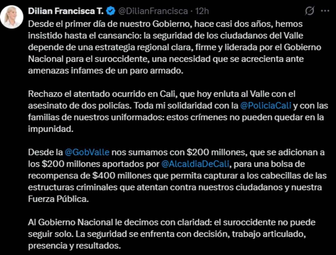 La respuesta presidencial se produjo luego de que la gobernadora del Valle del Cauca afirmara públicamente que los departamentos están enfrentando la crisis de seguridad.