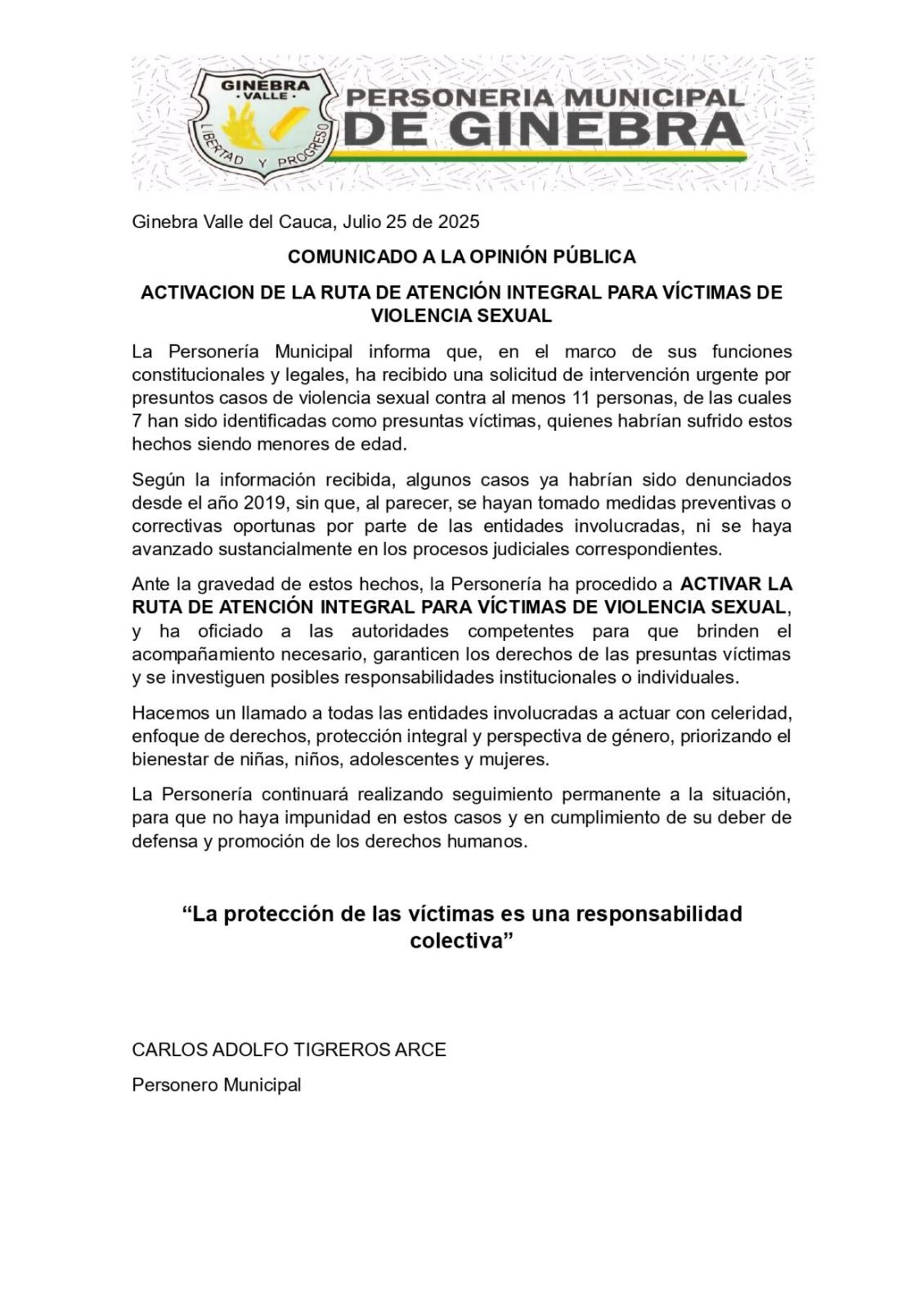 Personería de Ginebra activó una ruta de atención integral para las presuntas víctimas.