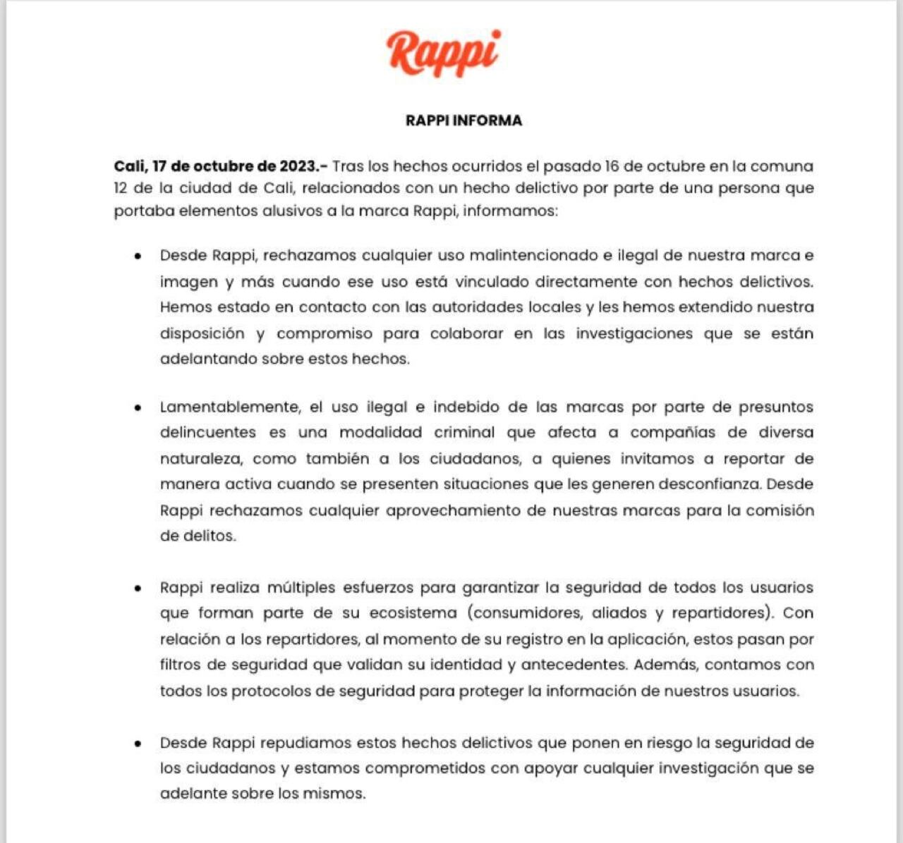 Este es el comunicado de Rappi tras el hecho de violencia ocurrido en Cali en donde se usó la marca.