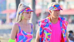 LOS ANGELES CA - JUNE 27: Margot Robbie and Ryan Gosling on rollerblades film new scenes for 'Barbie' in Venice California. 27 Jun 2022. (Photo by MEGA/GC Images)