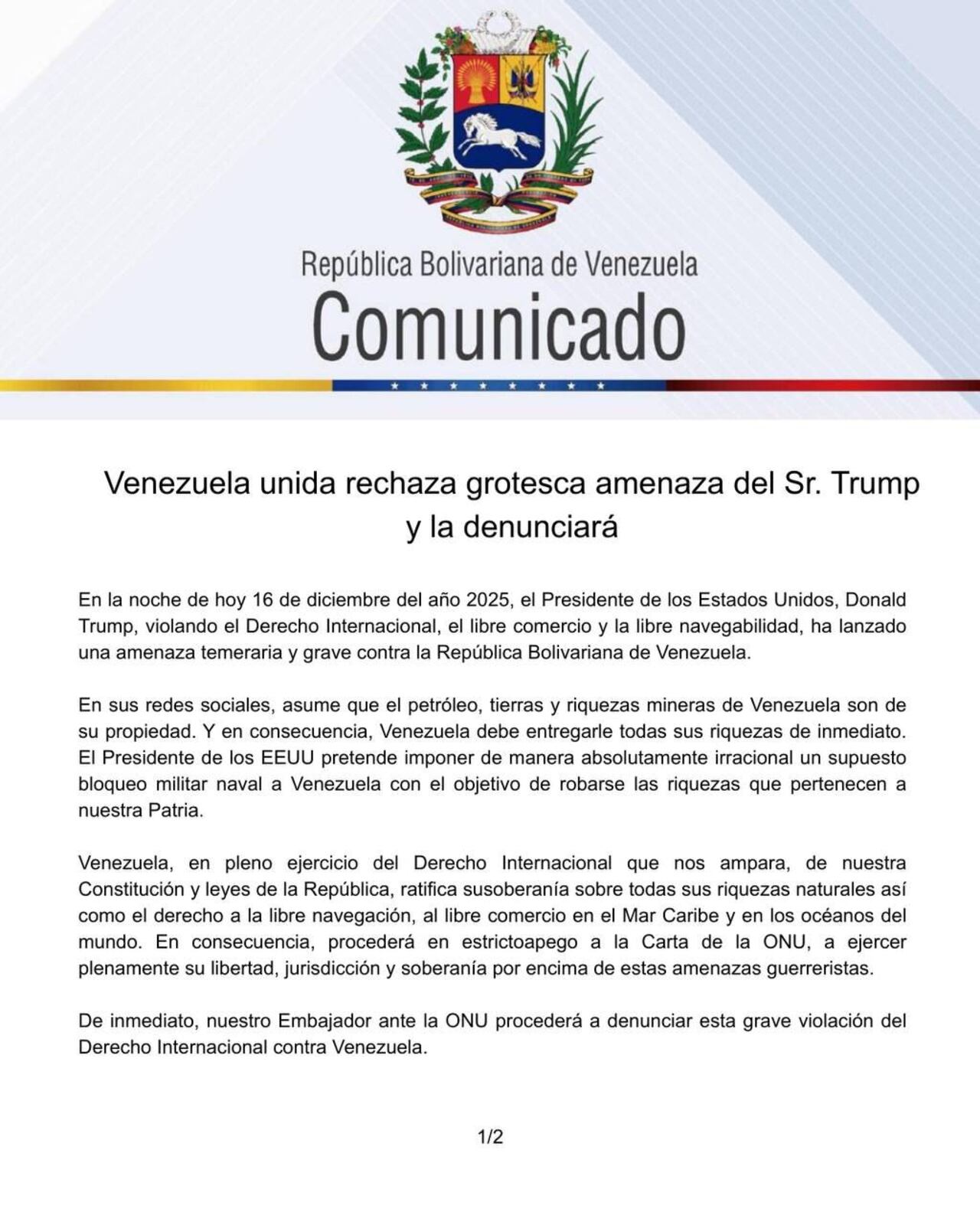 Esto es parte del comunicado realizado por el Gobierno de Venezuela.