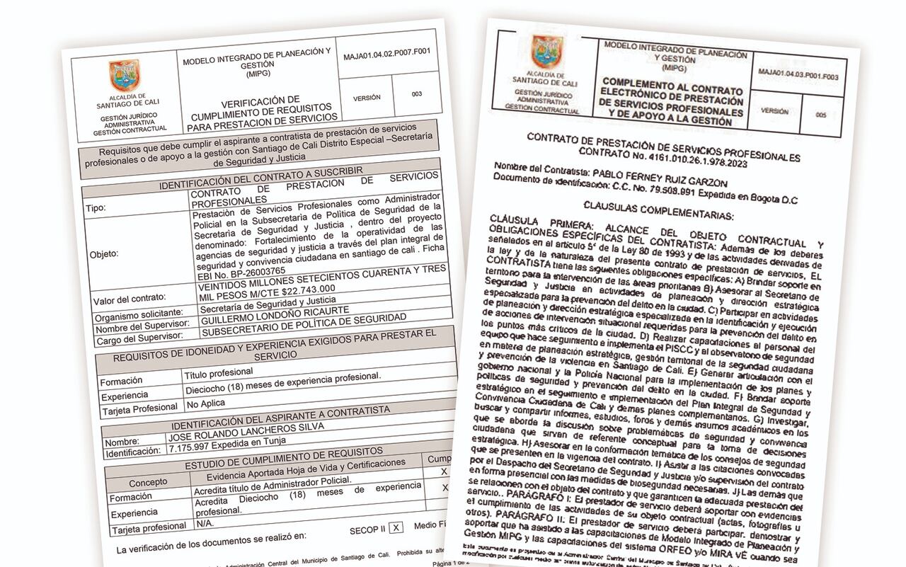 Facsímil de los contratos que firmó el secretario de Seguridad de Cali, Jimmy Dranguet, con los oficiales retirados de la Policía.