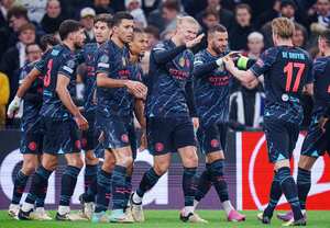 Manchester City's Erling Haaland, fourth right, and his teammates celebrate their side's second goal during the Champions League, Round of Sixteen first leg, soccer match between FC Copenhagen and Manchester City in Copenhagen, Denmark, Tuesday, Feb. 13, 2024. (Liselotte Sabroe/Ritzau Scanpix via AP)
