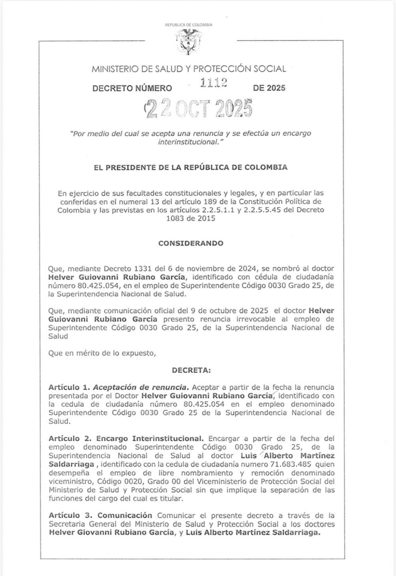 Viceministro Luis Alberto Martínez asume como nuevo superintendente de Salud .