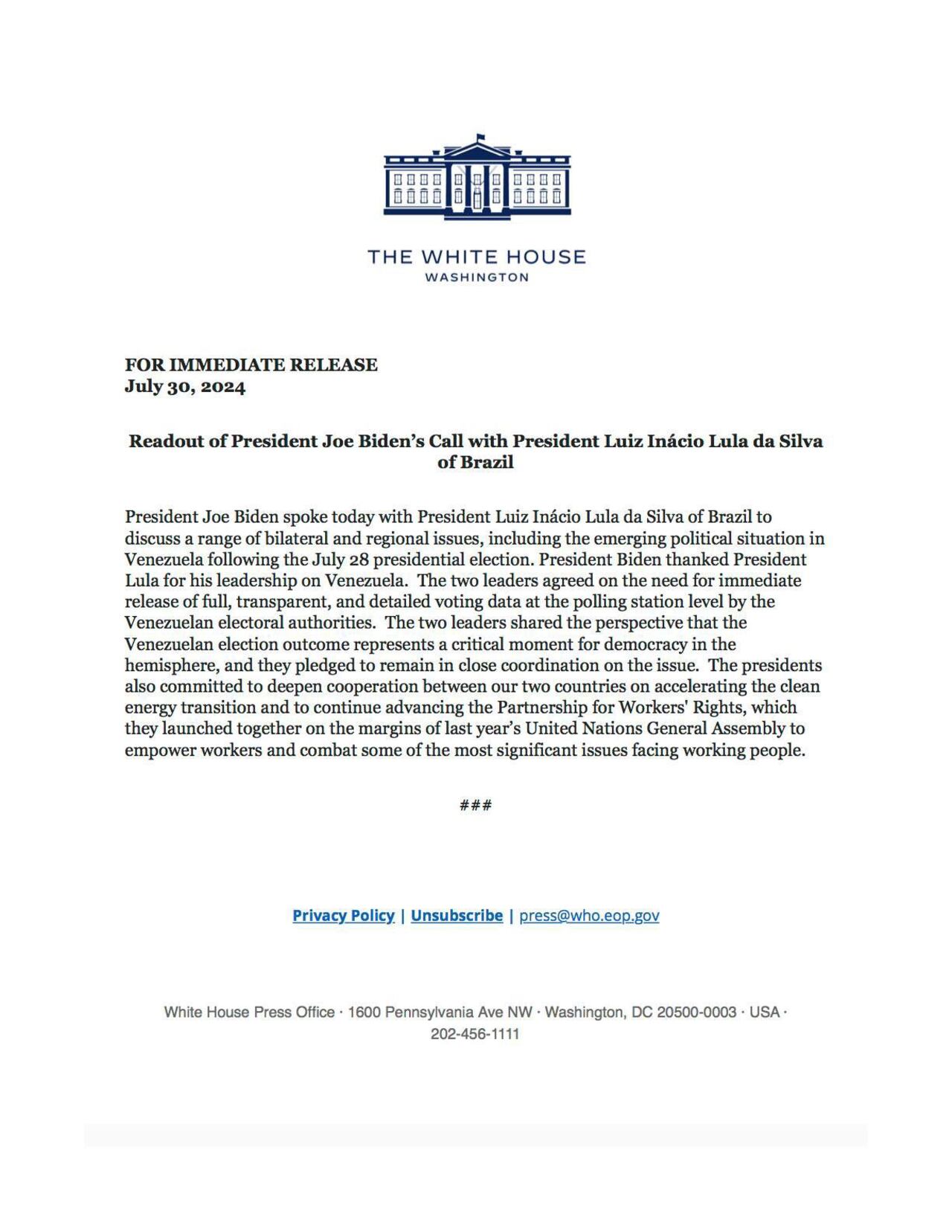 Conclusiones de la llamada entre Joe Biden y Lula da Silva sobre la situación en Venezuela.