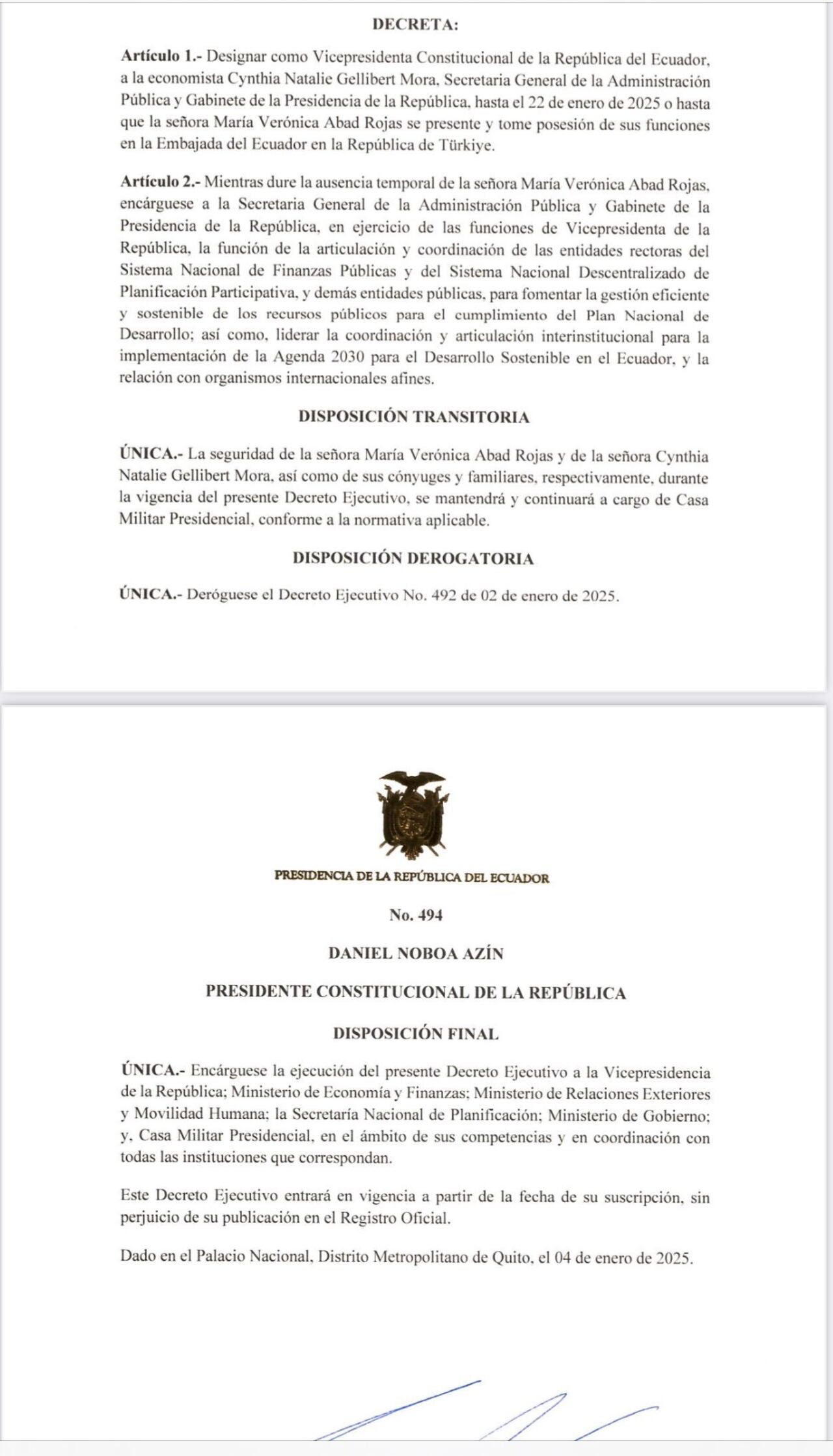 Este es el decreto firmado por Noboa en el que se designa a Gellibert como nueva vicepresidenta de Ecuador.