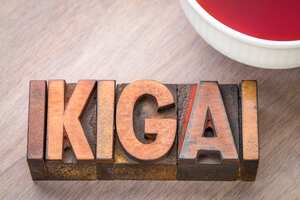 ikigai - Japanese concept - a reason for being or a reason to wake up - word abstract in vintage wood type with a cup of tea