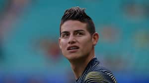 Colombia's James Rodriguez looks on as he warms up before the Copa America football tournament group match against Paraguay at the Fonte Nova Arena in Salvador, Brazil, on June 23, 2019. (Photo by Juan MABROMATA / AFP)