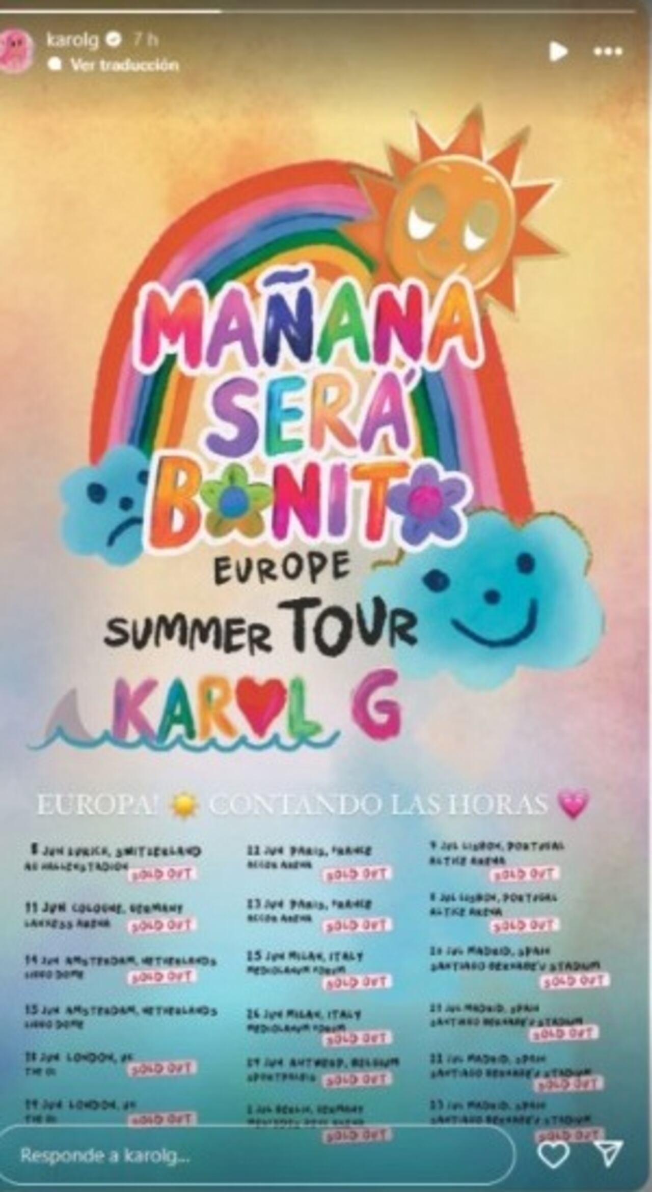 “Europa, contando las horas", escribió la cantante en sus estados.