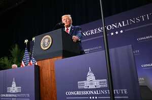 US President Donald Trump speaks at the House Republican Members Conference Dinner at Trump National Doral Miami, in Miami, Florida on January 27, 2025. (Photo by Mandel NGAN / AFP)