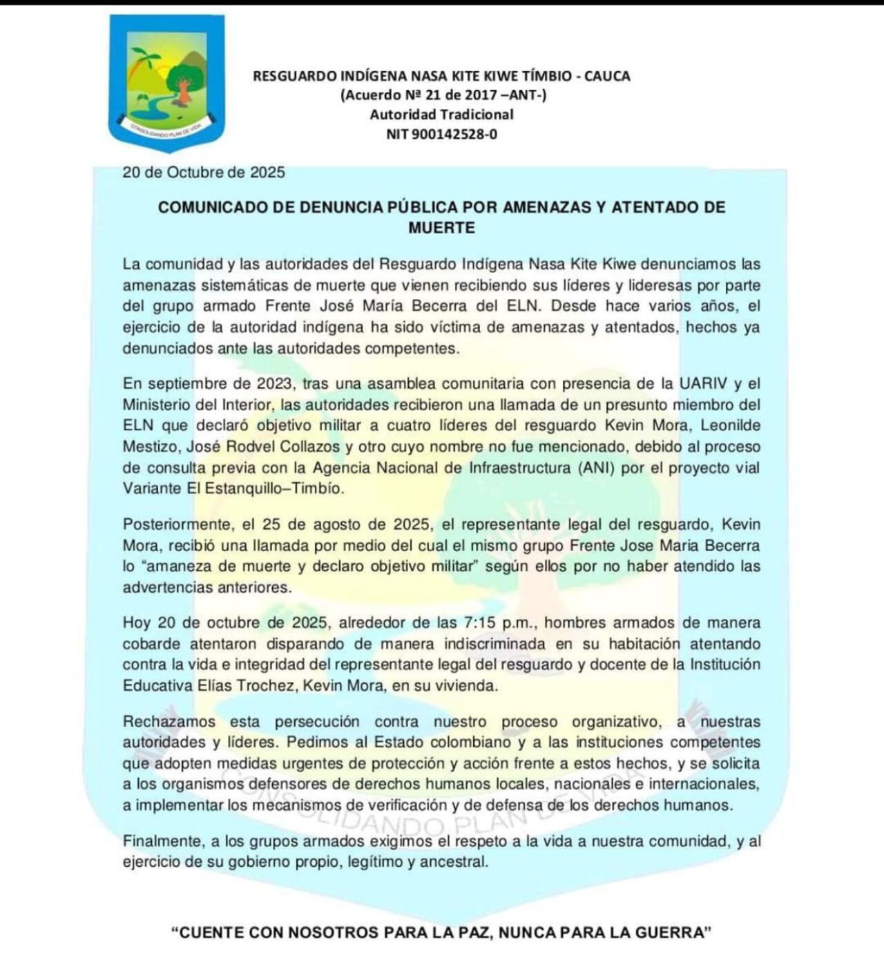Comunicado del resguardo indígena Nasa Kite Kiwe.