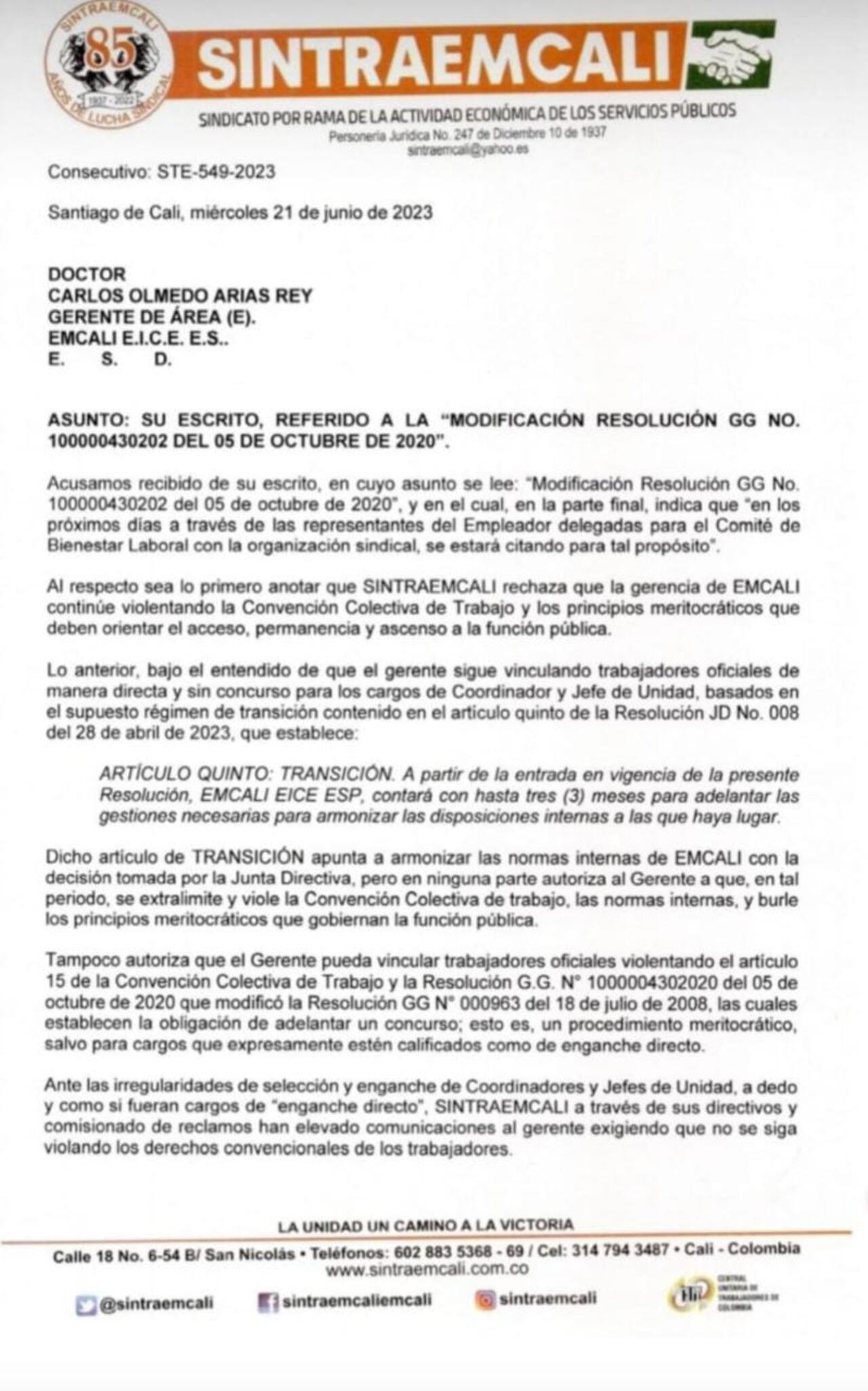 Este es el comunicado en el que Sitraemcali manifestó su inconformidad con los nombramientos que está realizando Emcali.