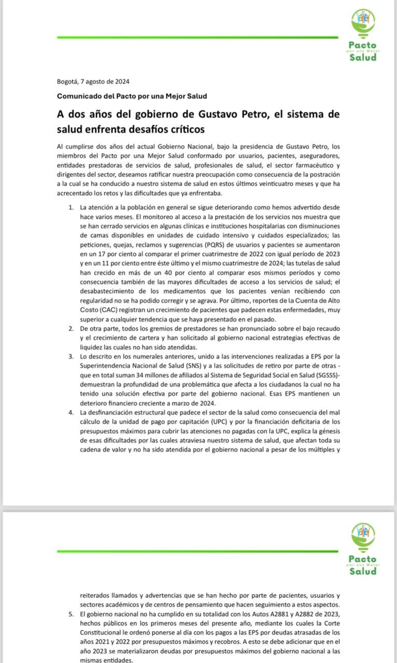 Esta es la carta que el gremio Pacto por una Mejor Salud dirigió al Gobierno Nacional y la opinión pública.