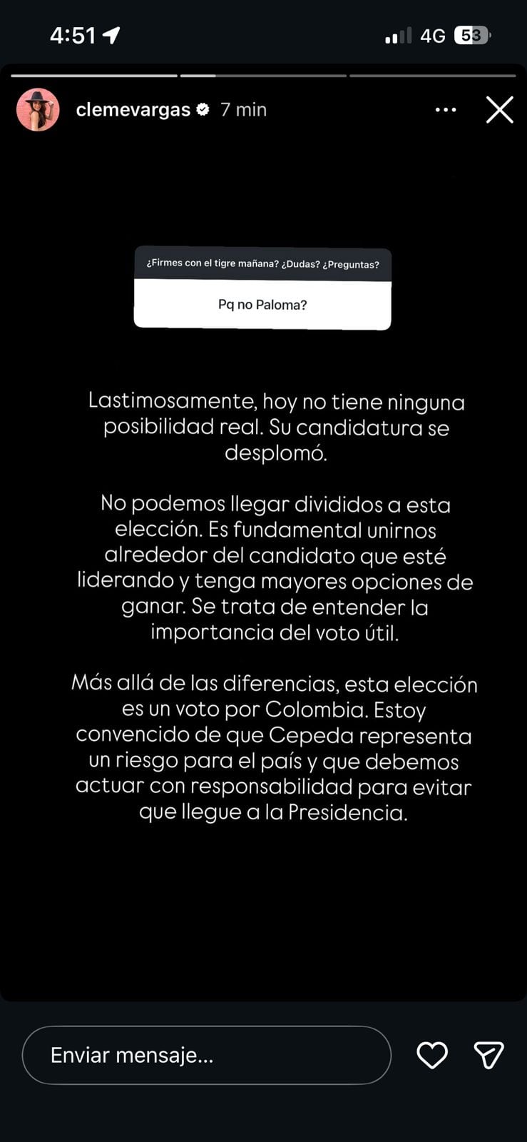 Publicación de Clemencia Vargas en Instagram.