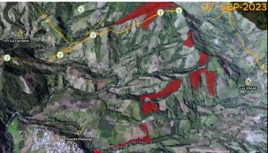El área roja es de los campos minados por las disidencias de las Farc en el Cauca, cerca al Plateado.