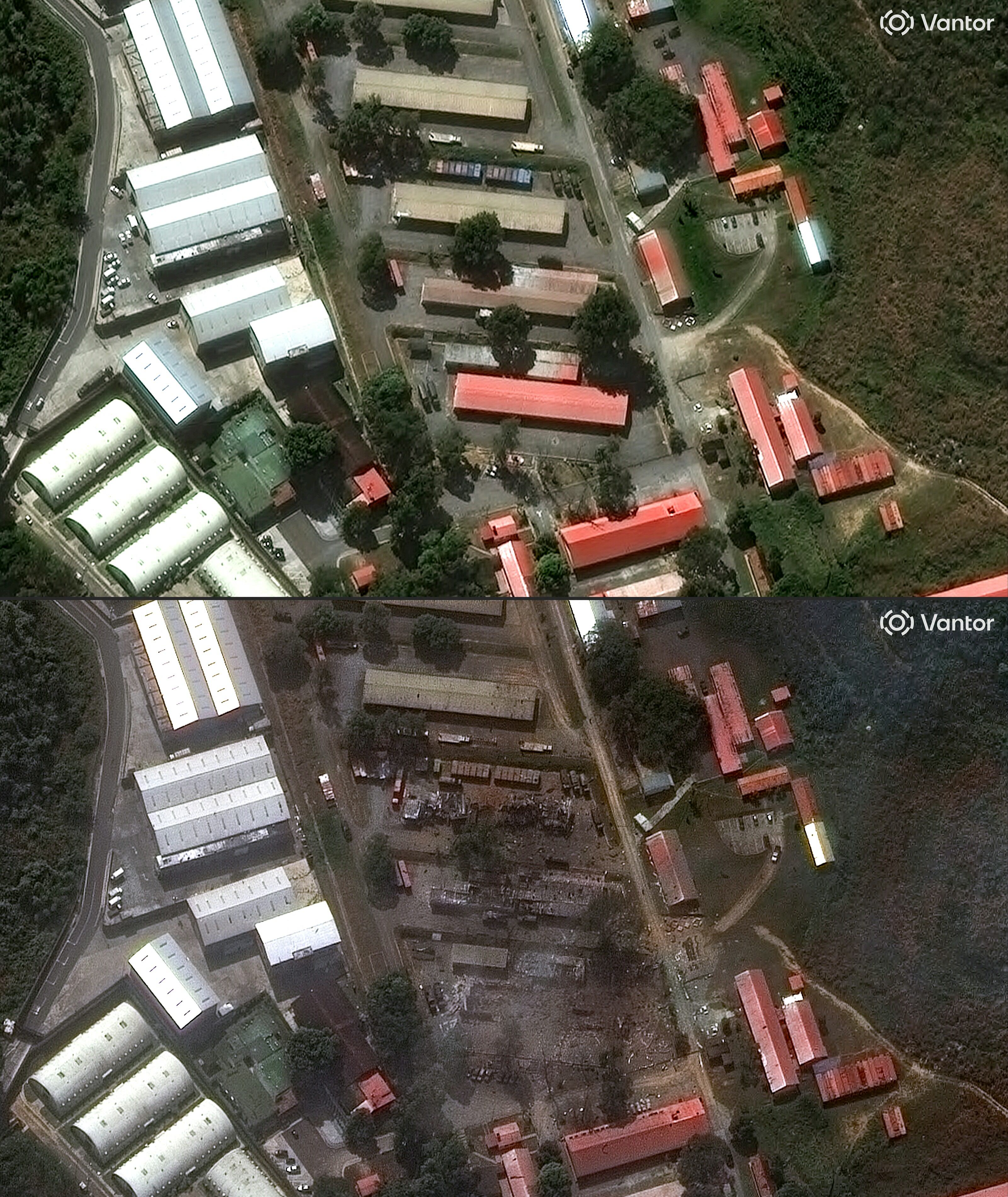 (COMBO) Esta combinación de imágenes, creada el 3 de enero de 2026, muestra una imagen satelital de Vantor, tomada el 22 de diciembre de 2025, que muestra una vista general de Fuerte Tiuna, el complejo militar más grande de Venezuela, en Caracas, y una imagen satelital de Vantor, tomada el 3 de enero de 2026