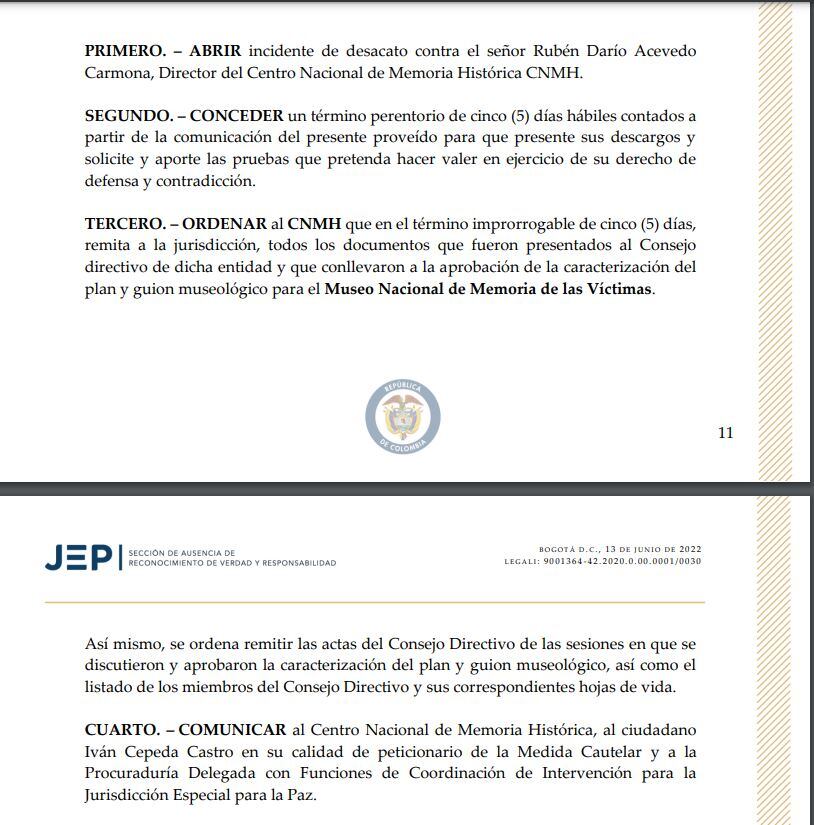 JEP abrió incidente de desacato contra director del Centro de Memoria Histórica.