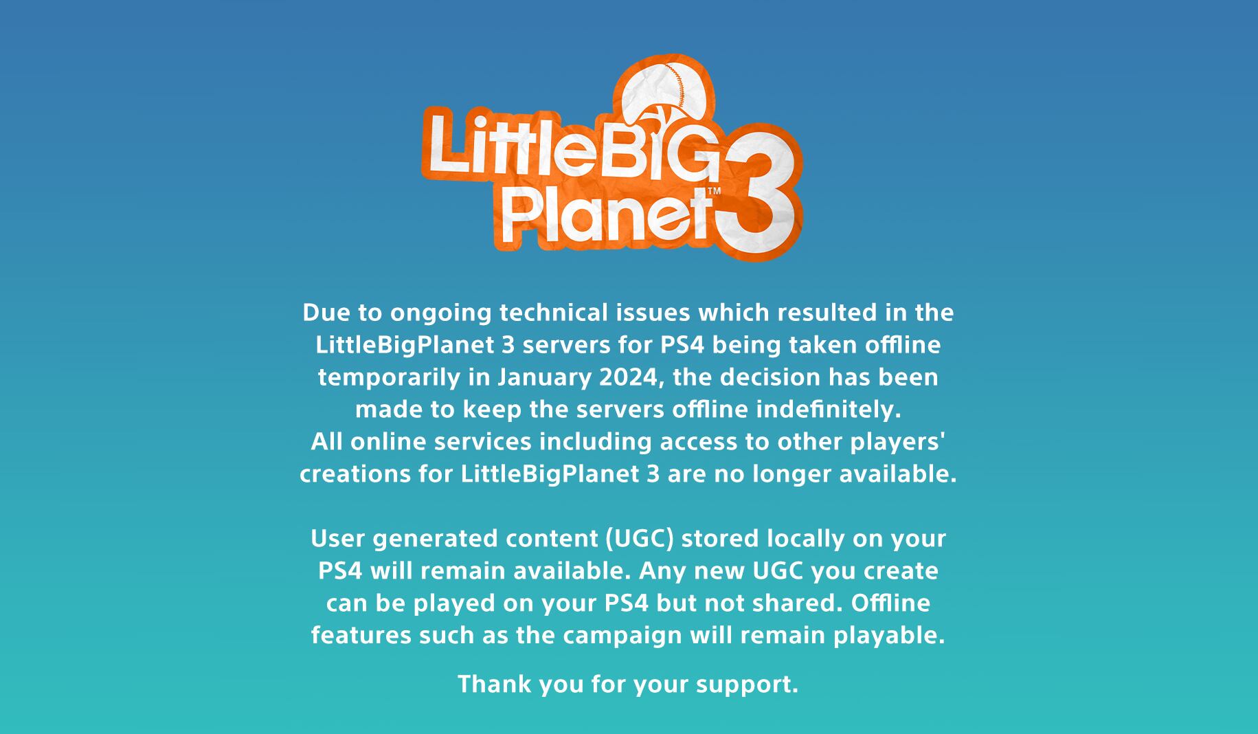 Little Big Planet 3 cerrará sus servidores, sus jugadores no podrán volver a acceder al juego nunca más.