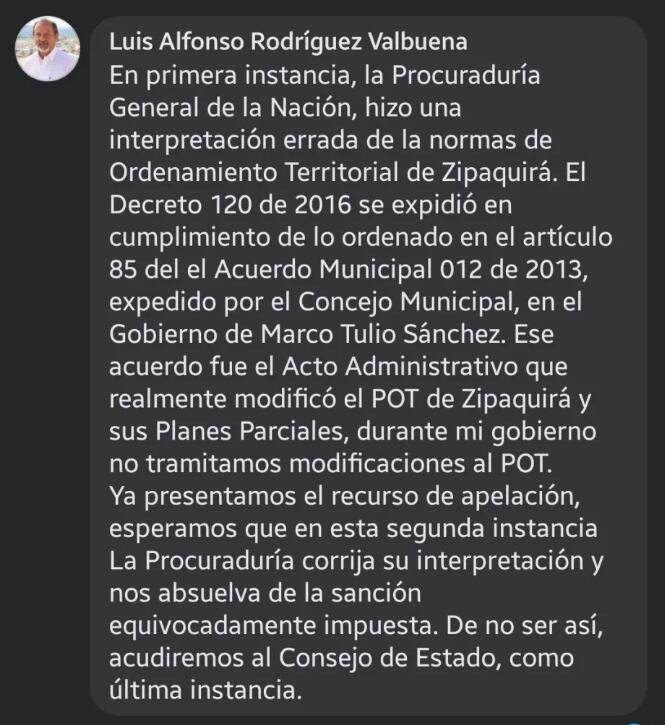 Por extralimitarse en sus funciones, Procuraduría sanciona a Luis Alfonso Rodríguez, exalcalde de Zipaquirá; expidió Decreto "inadecuado" para expansión del barrio Algarra