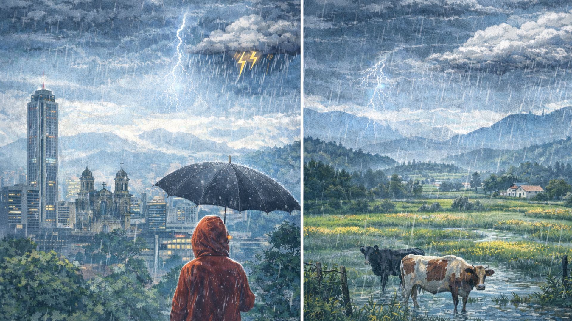 Ilustración del pronóstico del clima que muestra lluvias en Bogotá y precipitaciones en municipios de la Sabana durante la jornada