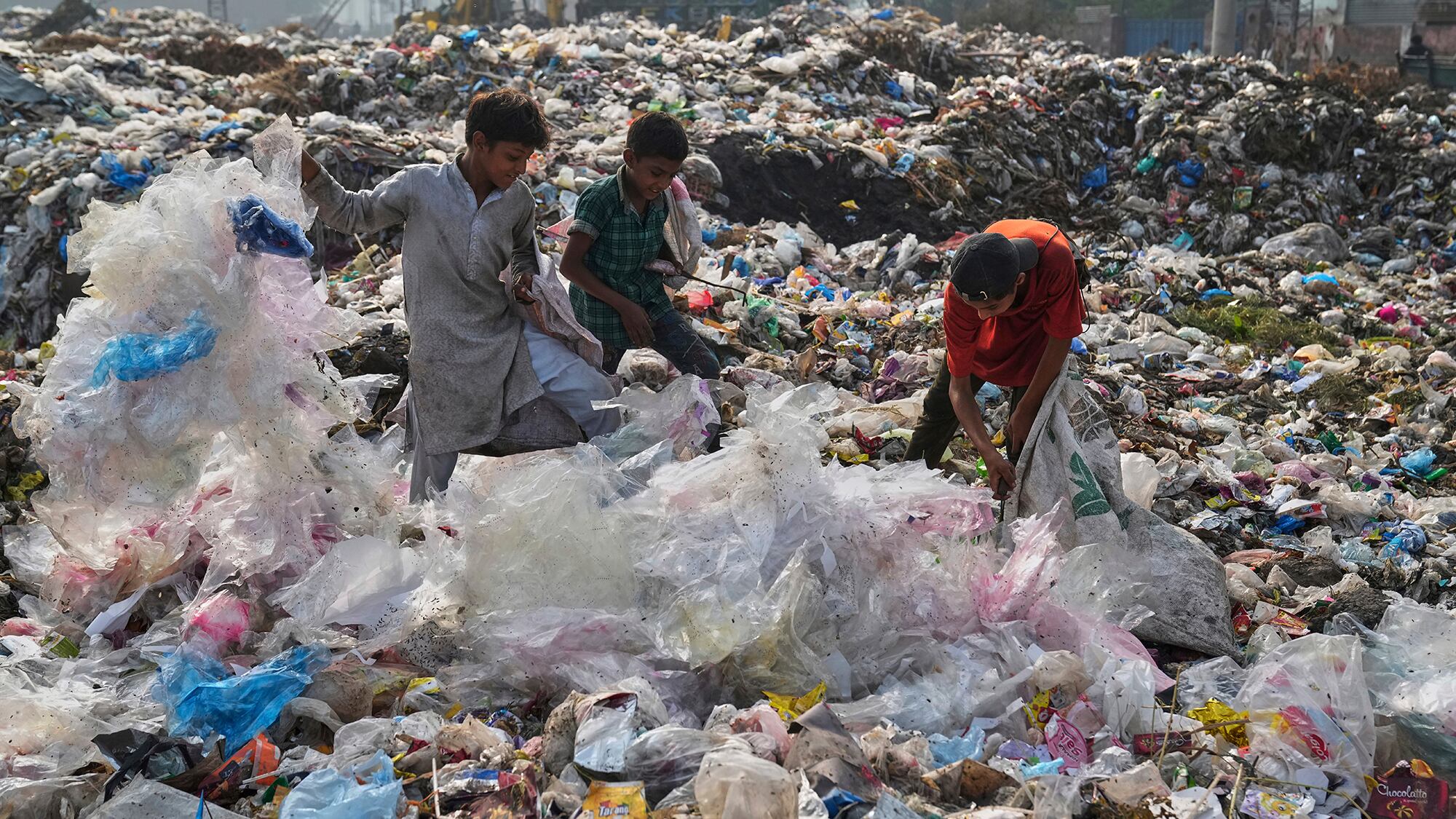 Los carroñeros recogen plástico reciclable de un vertedero en Lahore, Pakistán. Jueves 7 de agosto de 2025.