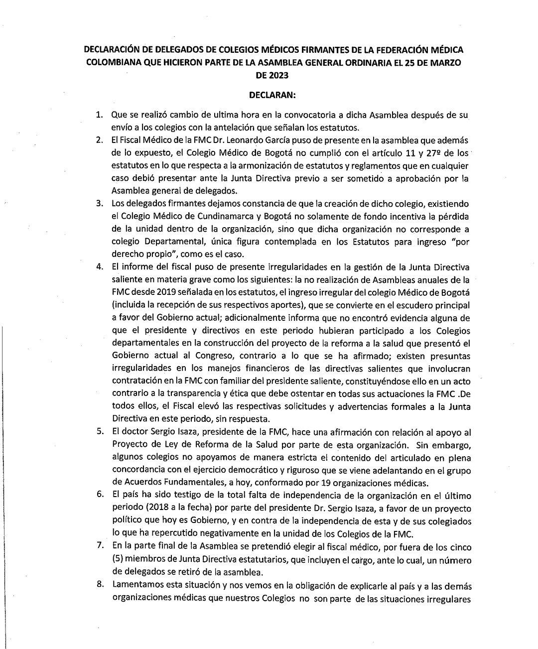 Declaración conjunta miembros de colegios médicos