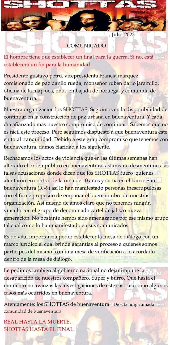 Shottas comunicado