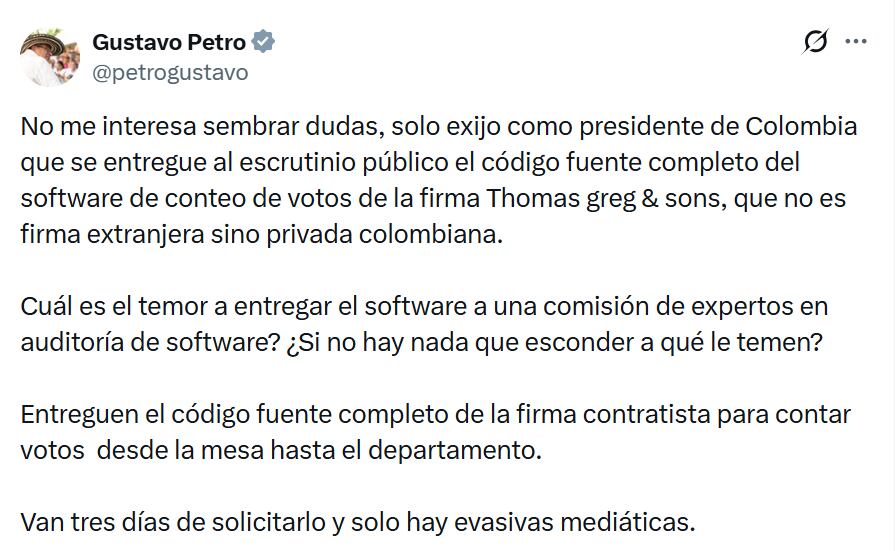 Mensaje publicado en la cuenta de la red social X del presidente Gustavo Petro sobre un presunto fraude en las elecciones.
