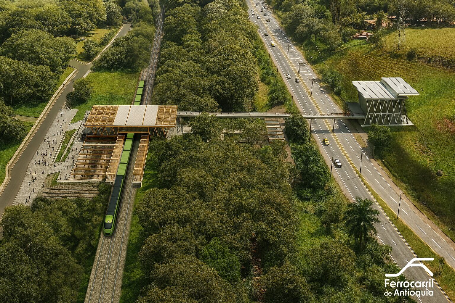 Render proyecto Tren Multipropósito de Antioquia que busca revivir el Ferrocarril de Antioquia.