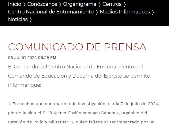 El Ejército confirmó muerte de un soldado regular en el fuerte militar de Tolemaida.