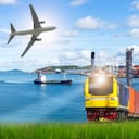 Carga ferroviaria, contenedores, en el contexto del puerto y aviones comerciales, conceptos de transporte