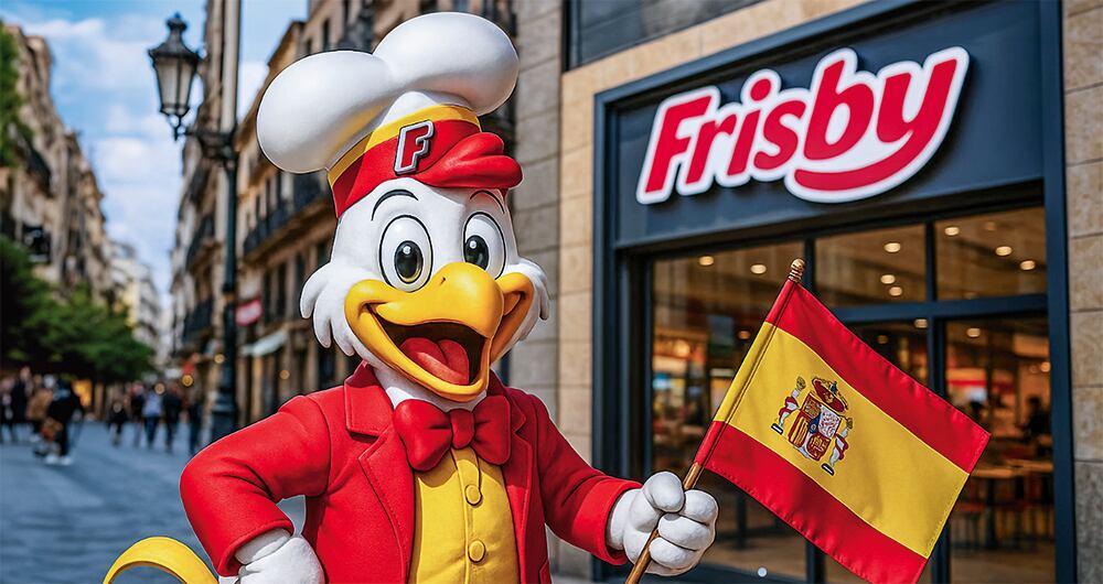 El uso de la marca Frisby en España es casi idéntico al de la colombiana. Hasta el Pollo Frisby parece una réplica exacta del icónico personaje de la cadena.