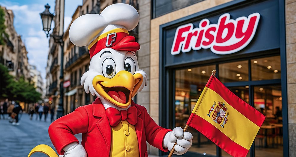 El uso de la marca Frisby en España es casi idéntico al de la colombiana. Hasta el Pollo Frisby parece una réplica exacta del icónico personaje de la cadena.