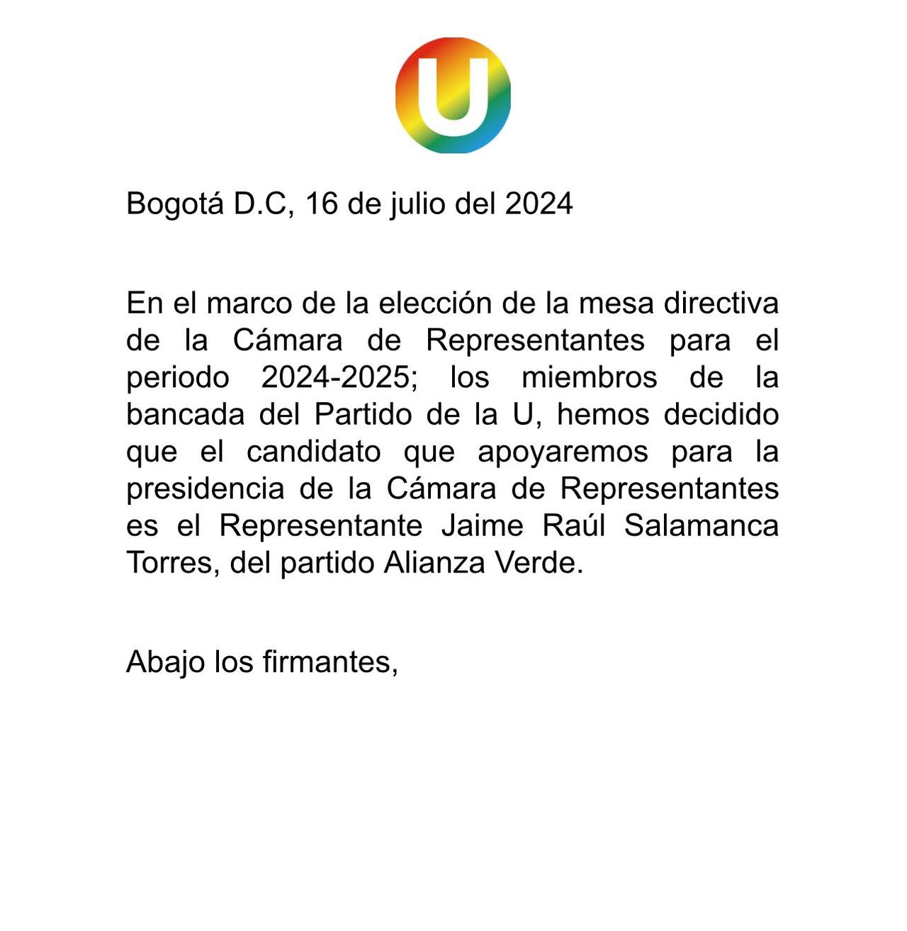 Este es el "falso" comunicado del Partido de la U.