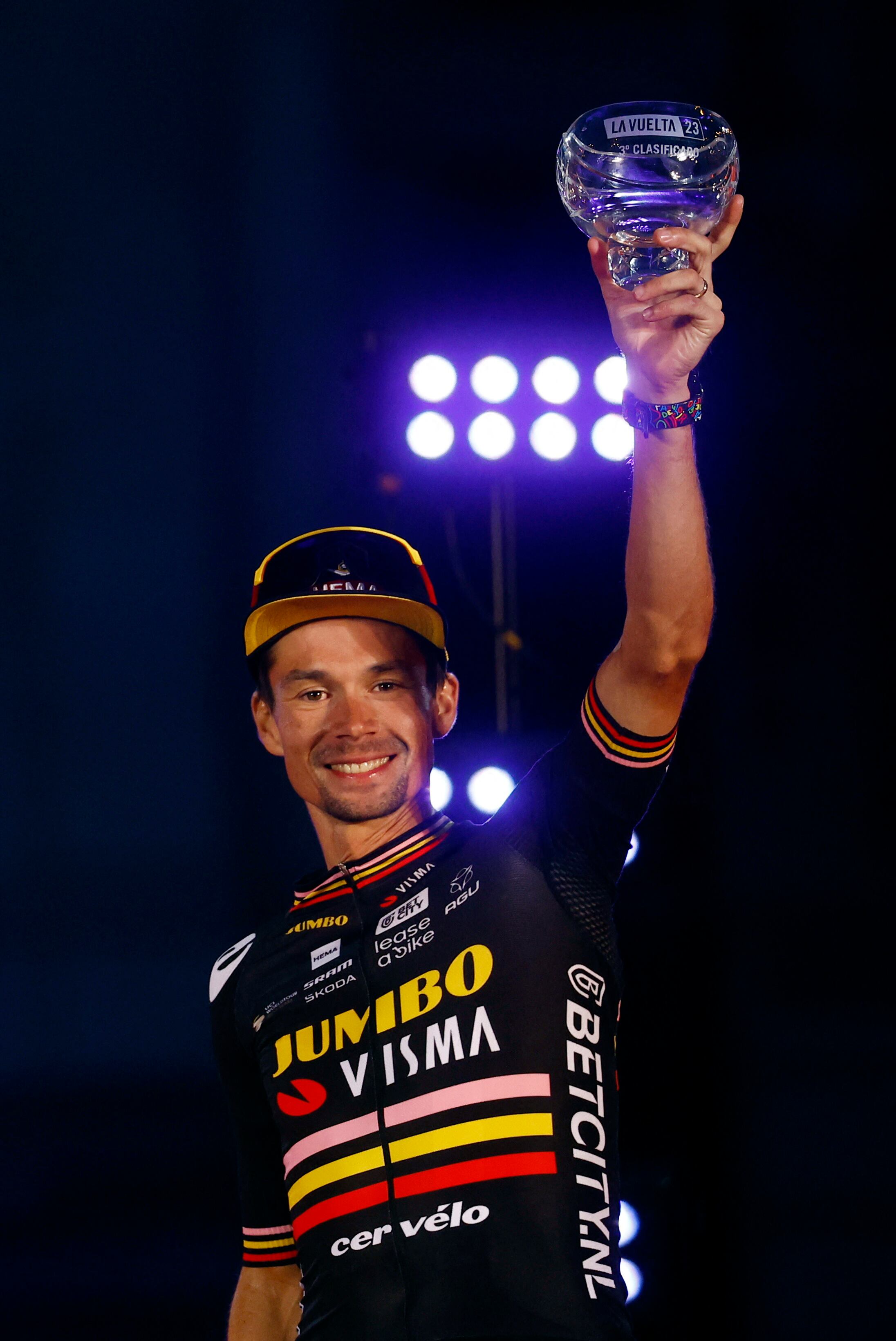 Cycling - Vuelta a Espana - Stage 21 - Hipodromo de la Zarzuela to Madrid - Spain - September 17, 2023 Team Jumbo–Visma's Primoz Roglic celebrates on the podium after finishing third in the Vuelta a Espana REUTERS/Susana Vera