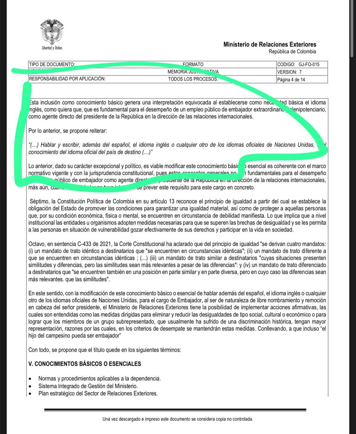 Borrador de decreto requisito inglés.