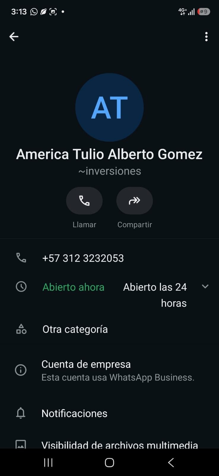 La cuenta señalada utiliza WhatsApp Business y se identifica con el nombre de Tulio Gómez.