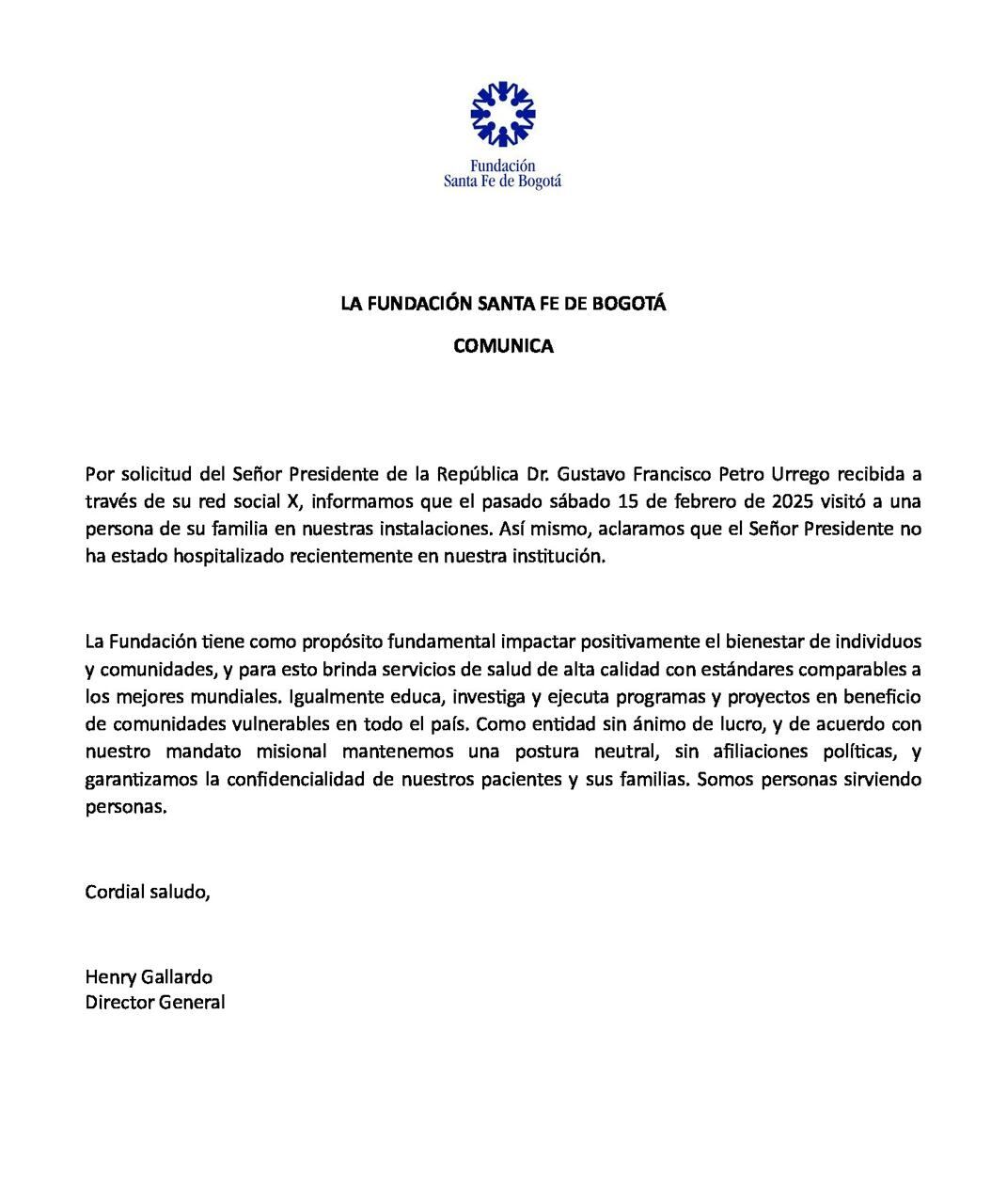 Comunicado de la Fundación Santa Fe.