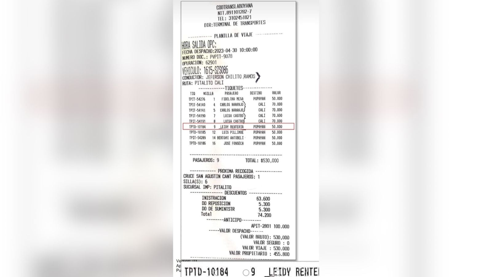 Tiquete para viajar a Popayán comprado con identidad falsa.