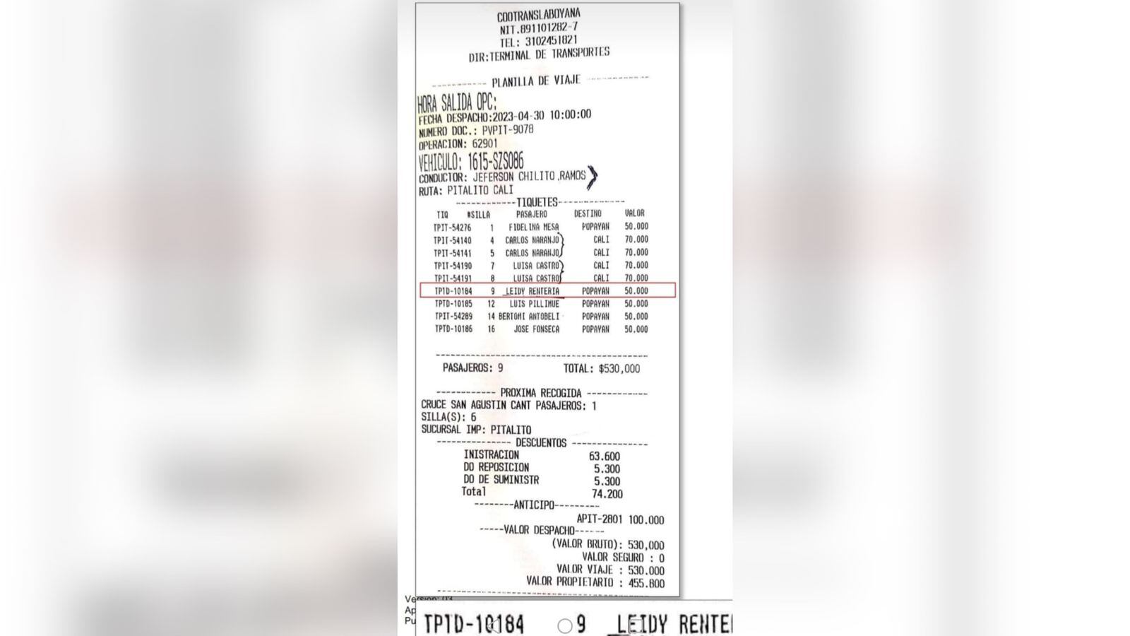 Tiquete para viajar a Popayán comprado con identidad falsa.