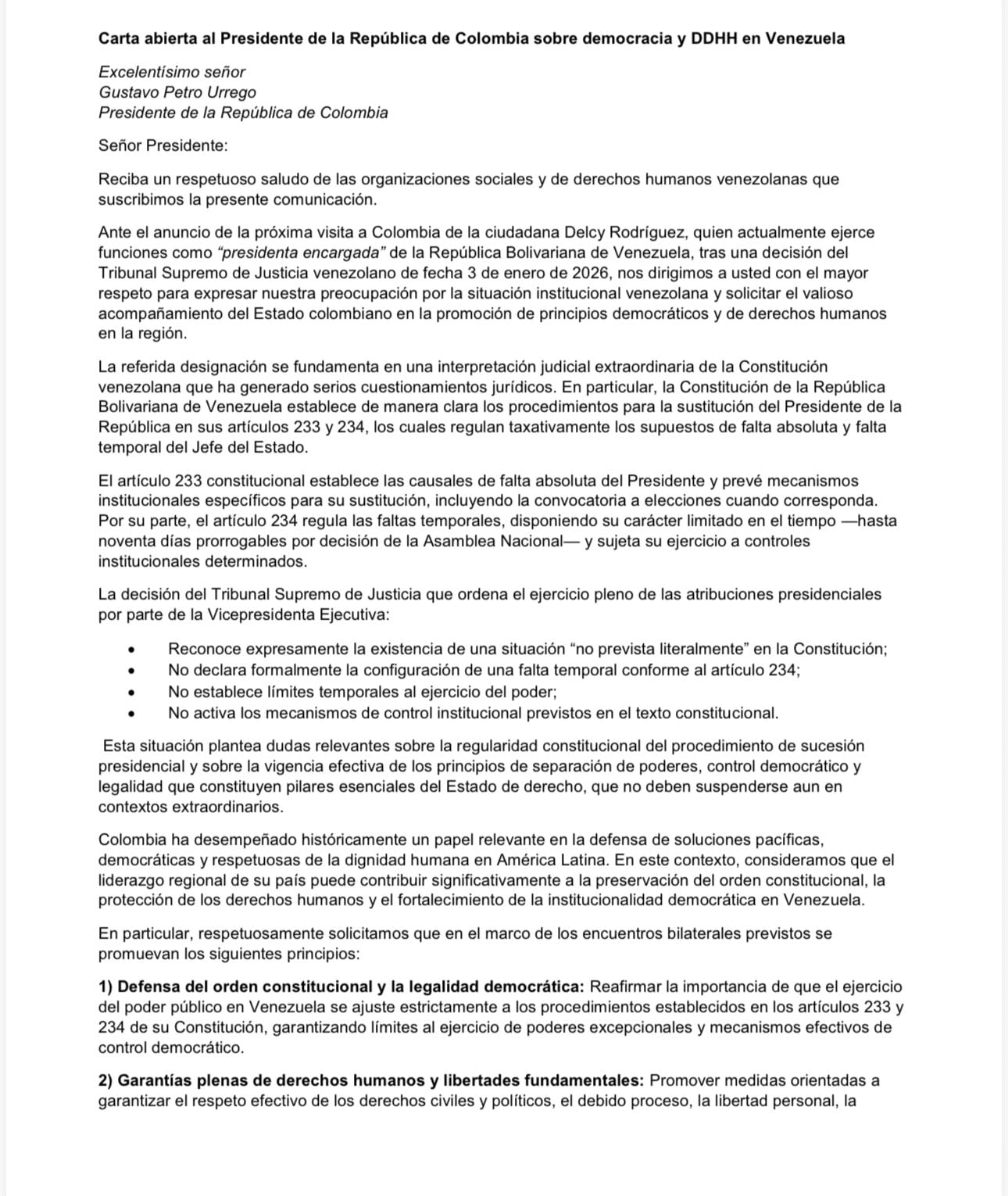 Carta enviada por organizaciones de derechos humanos